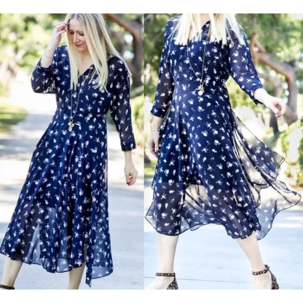Cabi Dream Dress Womens 12 Navy Blue Floral Print Sheer flouncy fairycore